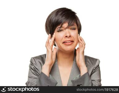 Grimacing Mixed Race Girl Holding Her Head with Her Hands Isolated Against White Background.