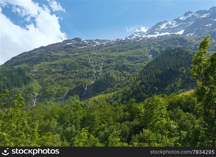 Grimsel Pass summer landscape with snow on mount top (Switzerland, Bernese Alps).
