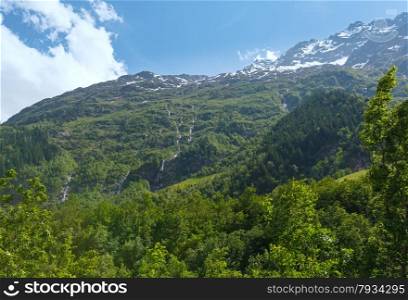 Grimsel Pass summer landscape with snow on mount top (Switzerland, Bernese Alps).