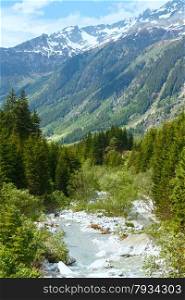 Grimsel Pass summer landscape with steam and fir trees (Switzerland, Bernese Alps).