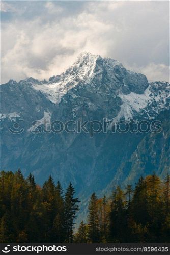 Grintovec mountain at fall. View on mountain peak in Southern Limestone Alps, Slovenia. Alpine peak is lit with day sunlight. Mountain range against clouds, with pine forest on foreground,. Grintovec mountain at fall, Alps, Slovenia