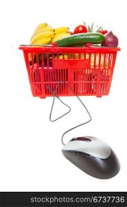 Grocery basket with Computer Mouse, concept of online shopping