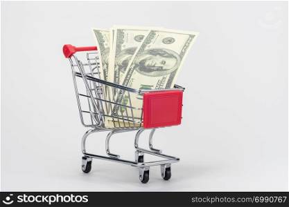 Grocery cart from which stick out hundred dollar bills