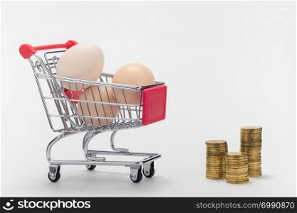 Grocery cart with eggs, next to it are stacks of coins, on a white background