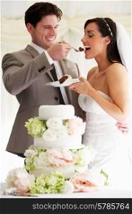 Groom Feeding Bride With Wedding Cake At Reception