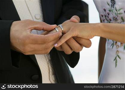 Groom Putting Ring on Bride&acute;s Finger