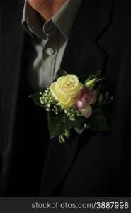 Groom wearing boutonniere: ivory rose and pink freesia