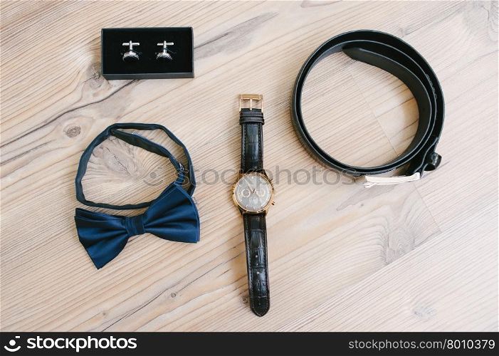 groom wedding accessories belt, watches, Cufflinks and bow tie