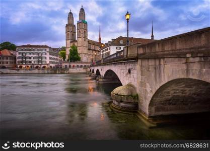 Grossmunster Church and Limmat River in the Morning, Zurich, Switzerland
