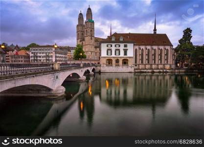 Grossmunster Church and Limmat River in the Morning, Zurich, Switzerland