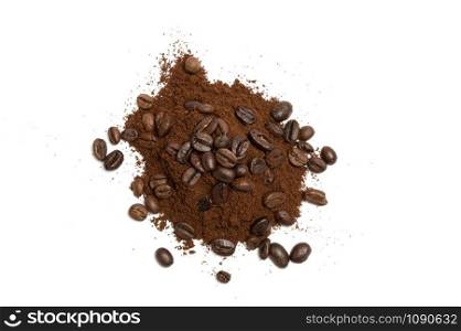 ground coffee with beans on white background