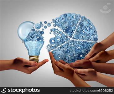 Group business ideas investing agreement and social innovation investor concept or financial collaboration commerce backing of team creativity as an open lightbulb icon for funding innovative growth prospect with venture capital with 3D render elements.