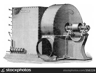 Group calorigenic Sturtevant, with fan control via pulley, vintage engraved illustration. 