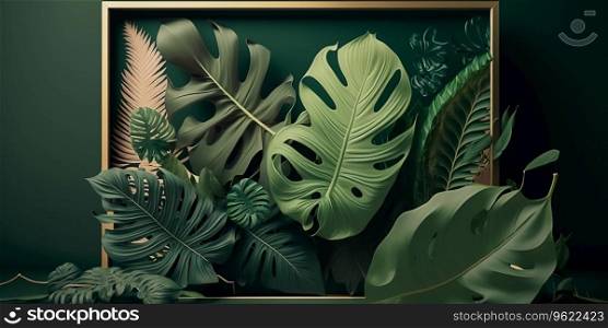 Group dark background green tropical leaves gold frame, nature concept plant leaves. Ai generated. Group green tropical leaves dark background, empty space, nature concept plant leaves. Ai generated