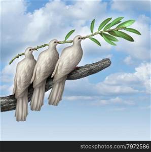 Group Diplomacy as a concept of negotiated peace with three white doves working together in partnership and friendship holding an olive branch as a symbol of fraternity and hope for the future of humanity on the journey for human rights and freedom.