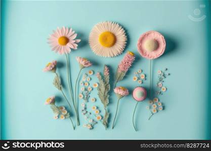 Group fresh pastel colorful flower placing on isolated blue background. Decorated by various blossom concept. Finest generative AI.. Group fresh pastel colorful flower placing on isolated blue background.