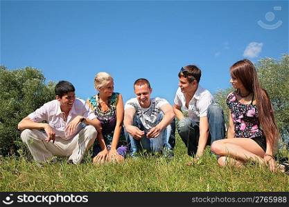 Group friends sit on grass in summer