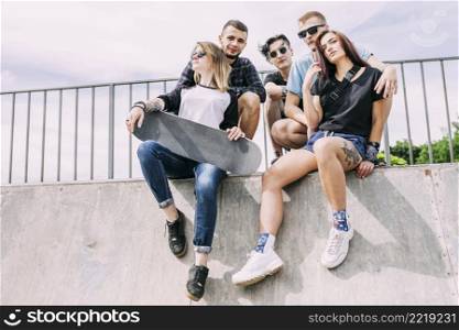 group friends sitting railing with skateboard