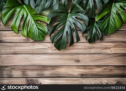 Group green tropical leaves with wooden blank background, nature concept plant leaves. Ai generated