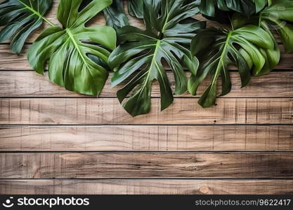 Group green tropical leaves with wooden blank background, nature concept plant leaves. Ai generated