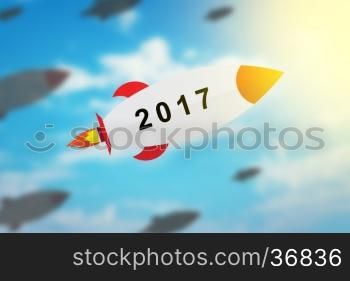 group of 2017 flat design rocket with blurred background and soft light effect
