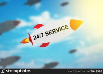 group of 24 hours a day, 7 days a week service flat design rocket with blurred background and soft light effect
