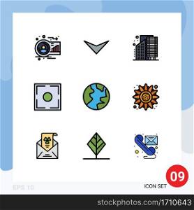 Group of 9 Filledline Flat Colors Signs and Symbols for earth, photo, buildings, frame, infrastructure Editable Vector Design Elements
