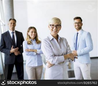 Group of a businesspeople standing together in the office with their mature female bussines leader