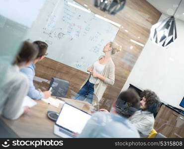 Group of a young business people discussing business plan at modern startup office building