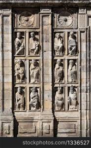 Group of ancient sculptures of Holy Door of santiago de Compostela Cathedral. Statues from 15th century