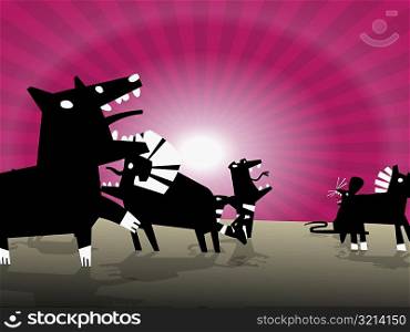 Group of animals in front of the rising sun