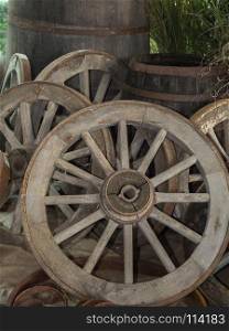 Group of Antique Wooden Chariot Wheels, Indoor.. Group of Antique Wooden Chariot Wheels, Indoor