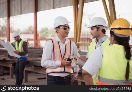 Group of architects, construction foremen, and construction engineers review the work and talk about how the project, in the construction site.