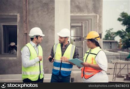 Group of architects, construction foremen, and construction engineers review the work and talk about how the project, in the construction site.