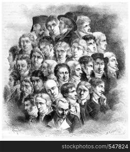 Group of artists, by Boilly, vintage engraved illustration. Magasin Pittoresque 1867.