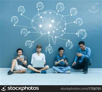 Group Of Asian and Multiethnic Business people using each technology equipment brainstorming for Polygonal brain shape of an artificial intelligence with various icon of smart city Internet of Things
