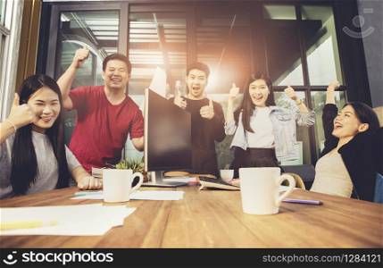 group of asian younger freelancing team work happiness emotion in home office