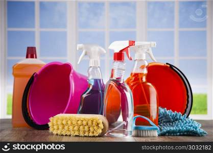 Group of assorted cleaning and window background. Assorted cleaning products