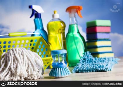 Group of assorted cleaning, home work colorful theme