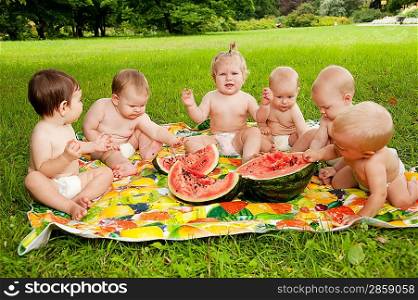 Group of babies eating watermelon outdoors.