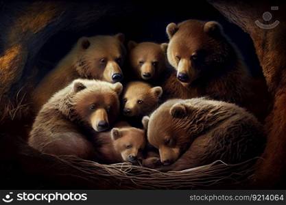 group of bears, gathering in their den for a warm and cozy nap, created with generative ai. group of bears, gathering in their den for a warm and cozy nap