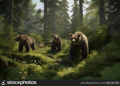 Group of bears in sunny forest. Wild nature. Generate Ai. Group of bears in sunny forest. Generate Ai