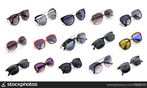 Group of beautiful sunglasses isolated on white background. Costume Fashion.