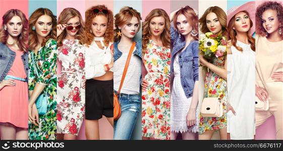 Group of beautiful young women. Fashion collage. Group of beautiful young women. Blonde young woman in floral spring summer dress. Girl posing. Summer floral outfit. Stylish wavy hairstyle. Fashion photo