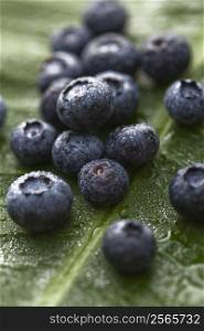 Group of blueberries on banana leaf.