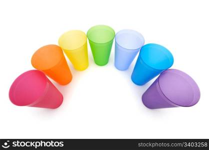 Group of bright plastic cups. Group of bright plastic cups, rainbow colors, white background