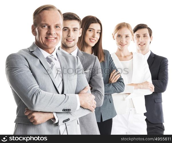 Group of business people. Group of confident smiling business people standing together in a row with crossed hands, isolated on white background
