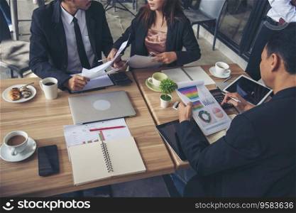 Group of business people meeting in conference room brainstorming consult business document graph chart office desk. Diversity multiethnic group of business people brainstorming and working together.