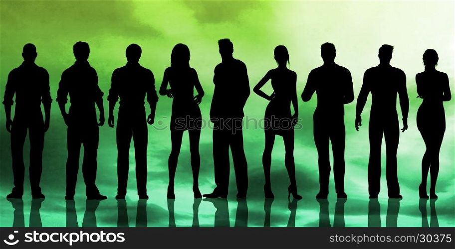Group of Business People on a Sunset Background as Abstract. Technology Background