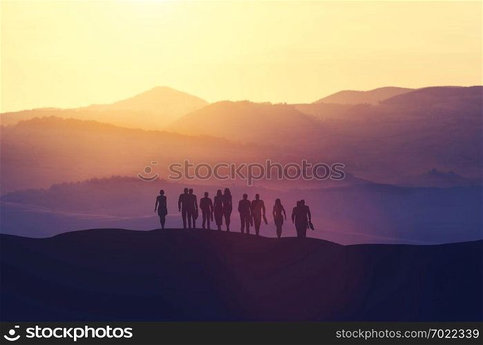 Group of business people standing on a hill during the sunset. Corporation. 3D illustration.. Group of business people standing on a hill